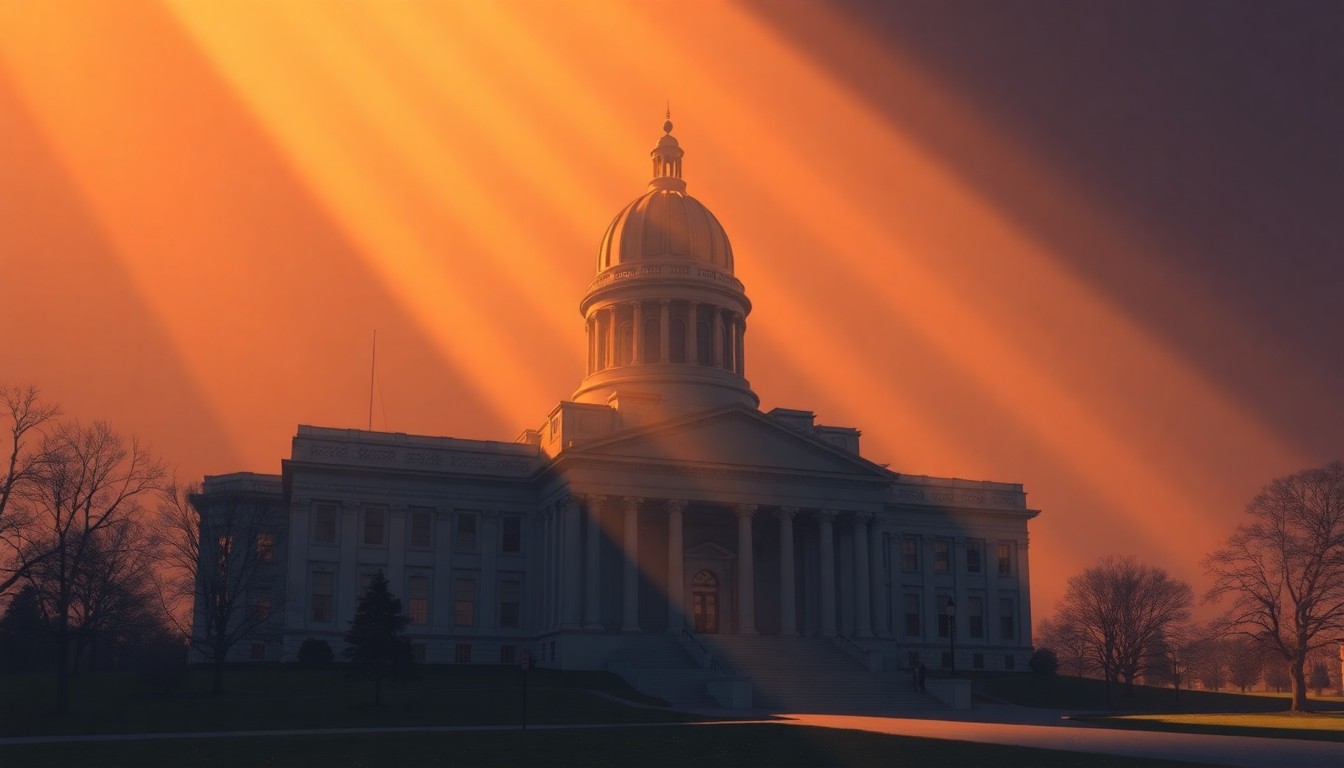 A photorealistic painting of an Iowa state capitol building in a warm, cinematic style, with the building bathed in diagonal sunlight and deep shadows, conveying a sense of quiet contemplation around the political negotiations on property tax reform.