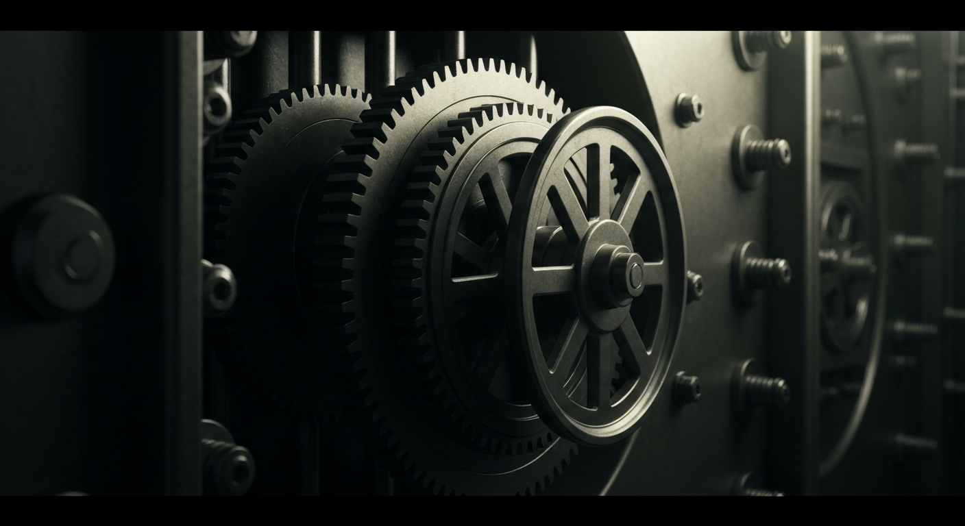 An extreme close-up of the complex, heavy machinery and gears that make up the inner workings of a large bank vault, conveying a sense of the secure, institutional power of the financial system.