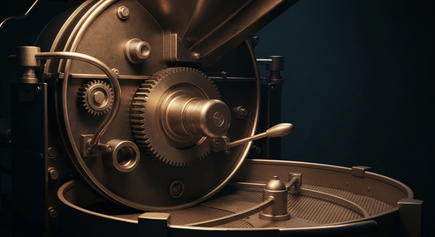 An extreme close-up of the heavy, metallic components of an industrial coffee roasting machine, capturing the scale and complexity of Starbucks' global operations.