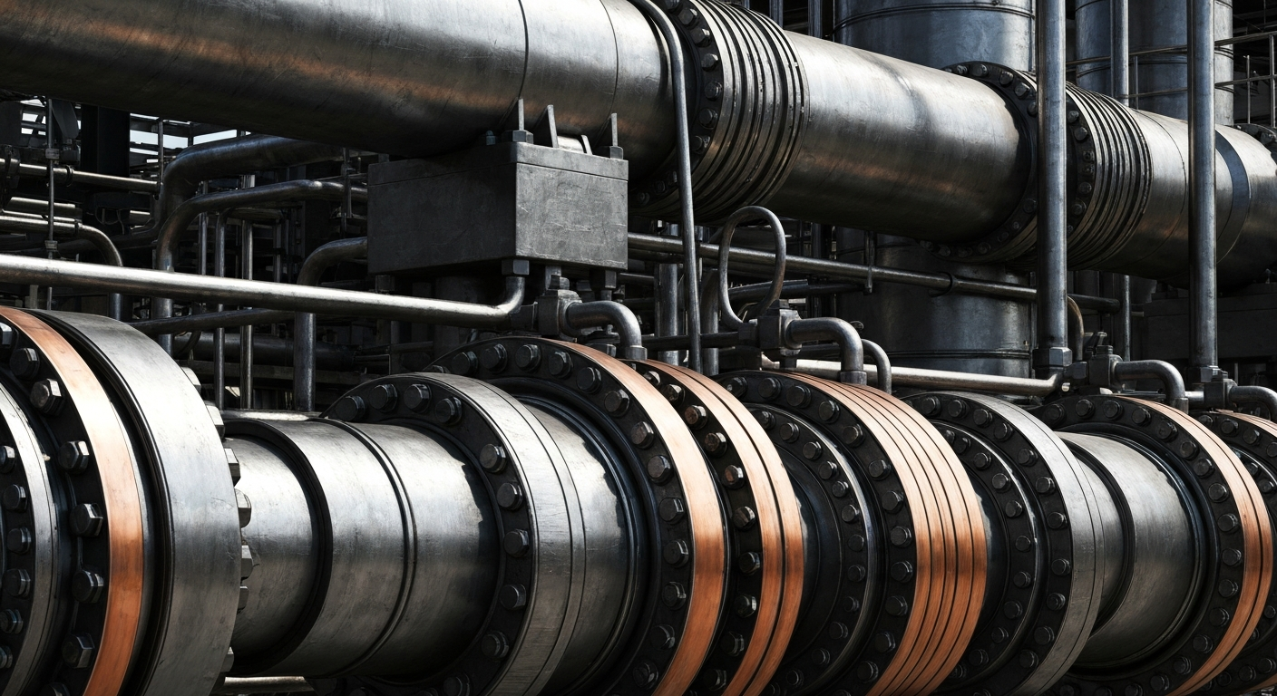 An extreme close-up of the gears, pipes, and valves of an industrial oil refinery, rendered in a high-contrast, cinematic style that emphasizes the complex, mechanical nature of energy infrastructure.