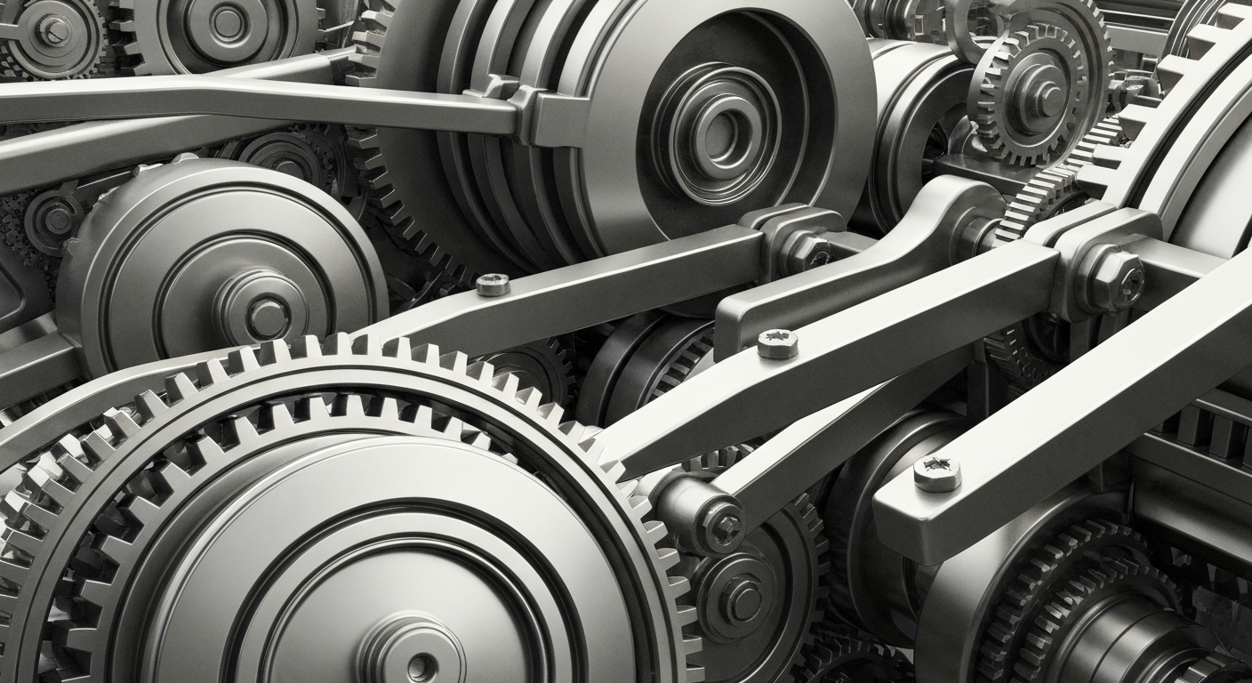 An extreme close-up of intricate, heavy industrial machinery in muted metallic tones, representing the complex financial infrastructure and institutional investment behind pharmaceutical research and development.