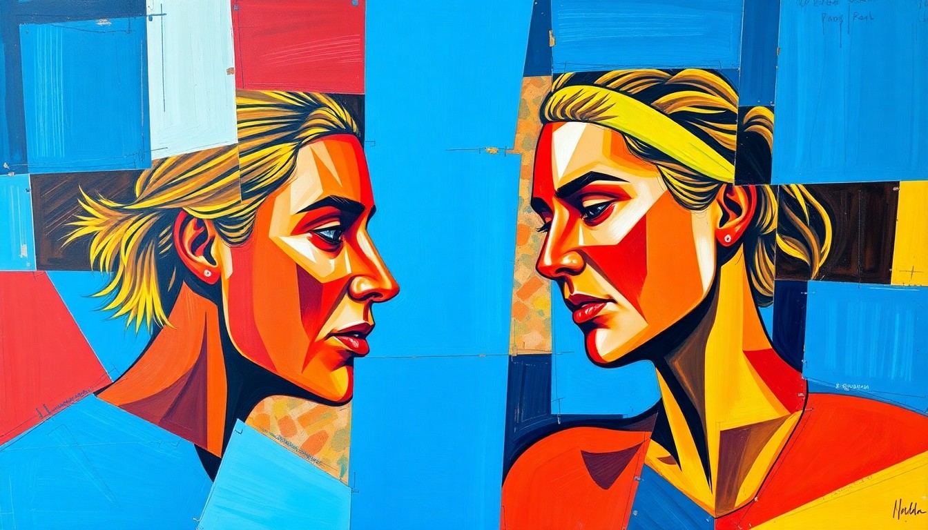 A cubist-style painting depicting a tennis match in fragmented geometric shapes and vibrant colors, capturing the dynamic energy of the sport.