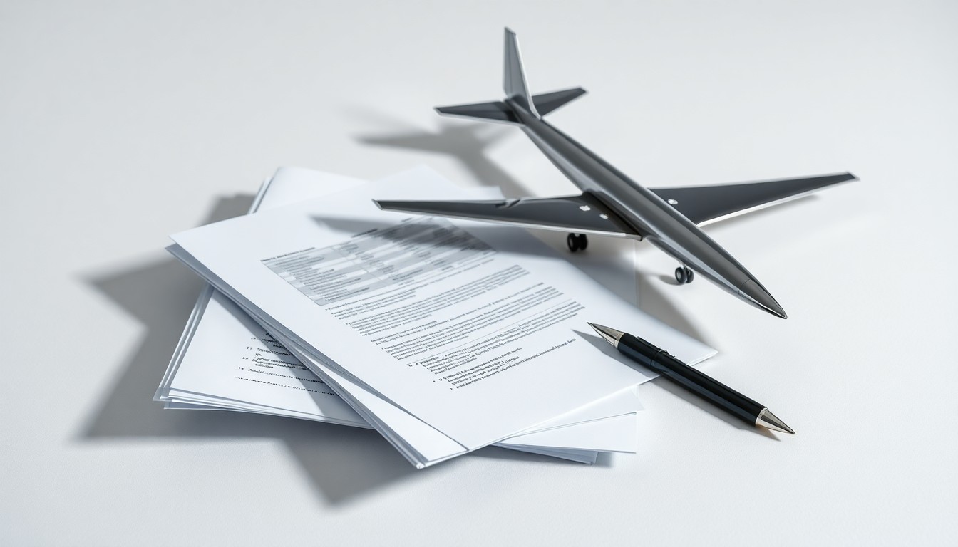 A photorealistic studio image featuring a metal airplane model, financial documents, and a pen arranged on a clean, minimalist background, symbolizing the abstract concepts of corporate strategy and aerospace industry performance.