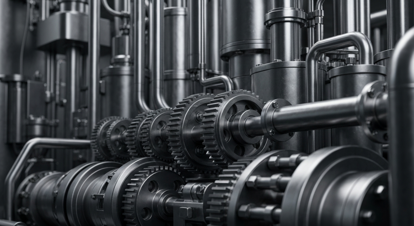 An extreme close-up of intricate pharmaceutical manufacturing equipment, including gears, pipes, and other industrial components, conveying the technological sophistication and scale of Vertex's drug development process.