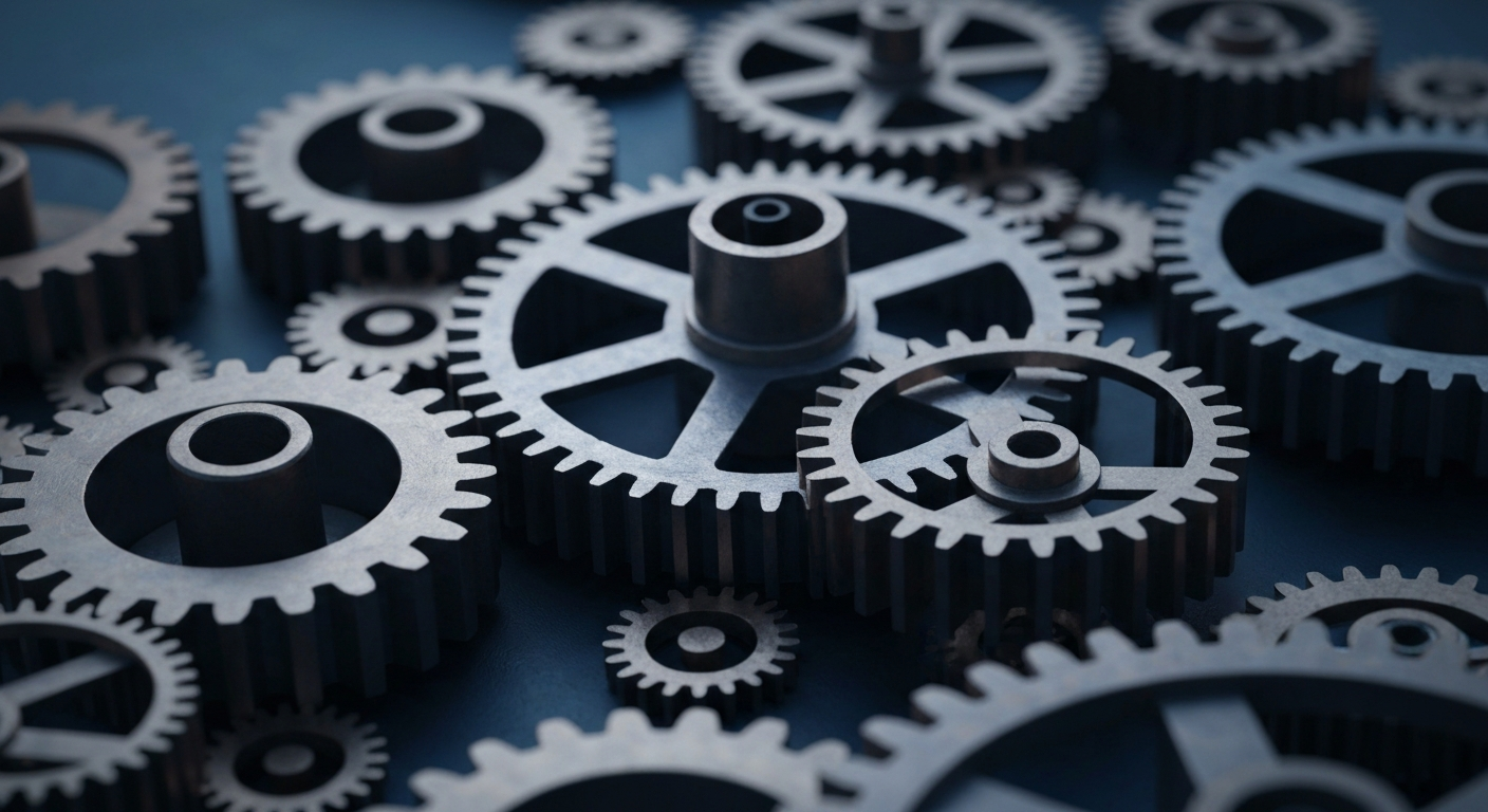 A highly detailed, cinematic close-up image of heavy, industrial machinery and gears in shades of silver, steel, and chrome, conceptually representing the institutional power and financial infrastructure of the pharmaceutical industry.