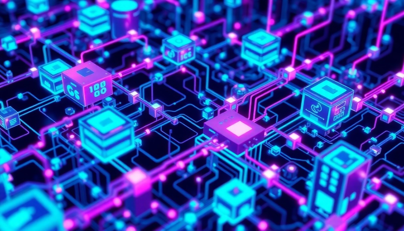 A highly detailed, glowing 3D illustration of a complex network of interconnected digital infrastructure components in shades of neon blue, purple, and magenta, conceptually representing the vast scale and complexity of Google's ad enforcement systems.