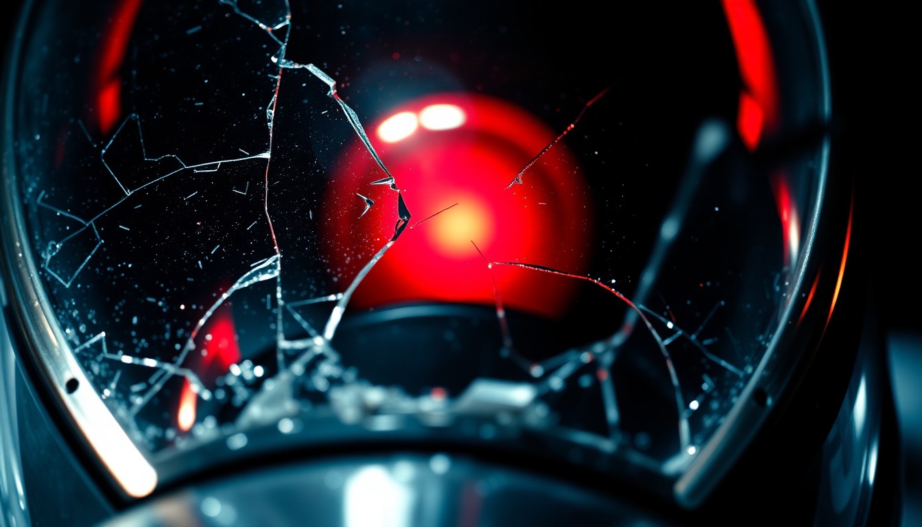 An abstract, high-contrast close-up photograph of shattered glass and chrome aircraft parts reflecting a bright red light, capturing the technical precision and high-octane energy of the Top Gun films.