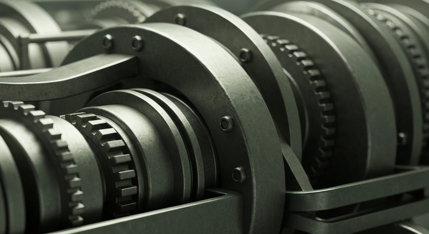 An extreme close-up of heavy, industrial machinery and gears in muted, metallic tones, representing the complex financial and technological systems that support Rambus' semiconductor innovations.