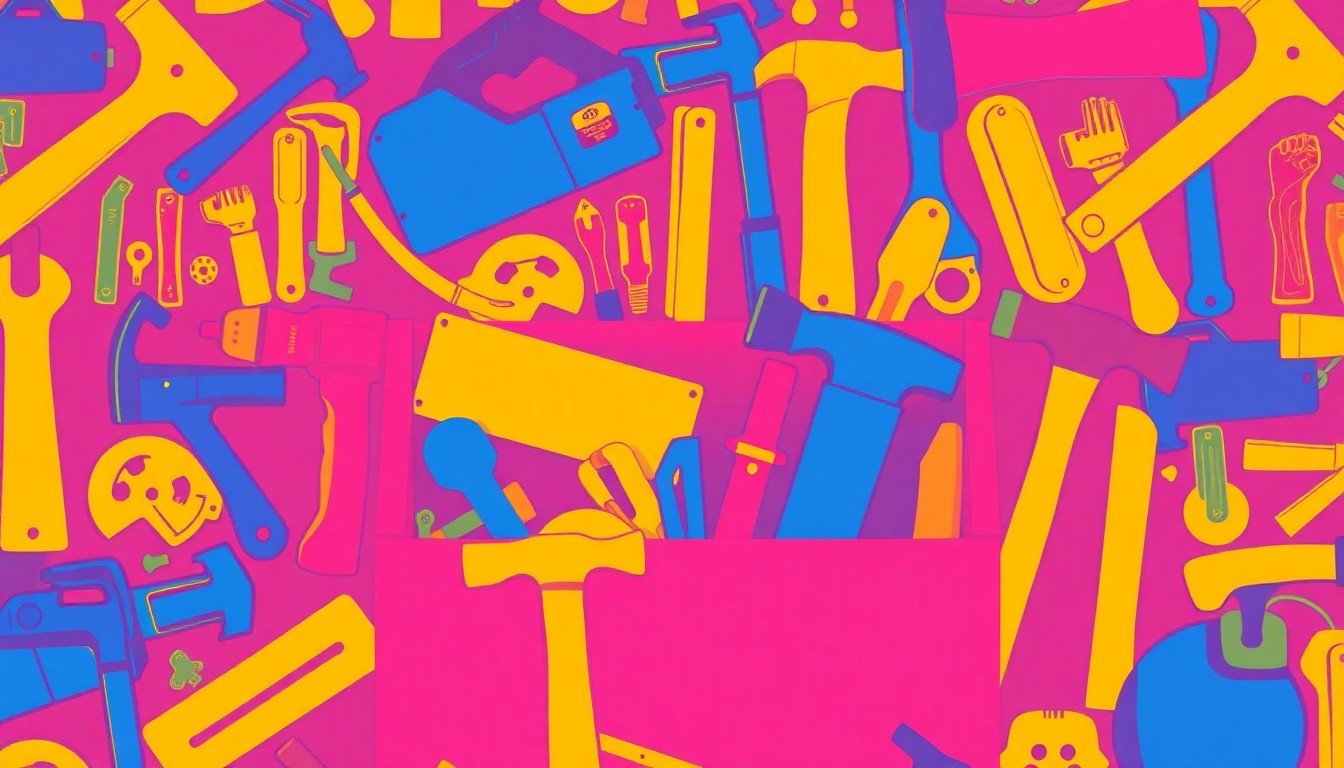 A highly stylized, pop art-inspired grid of colorful silkscreen images depicting various carpentry tools, conceptually representing the hands-on trade skills training at the heart of the College of St. Joseph the Worker's unique educational approach.