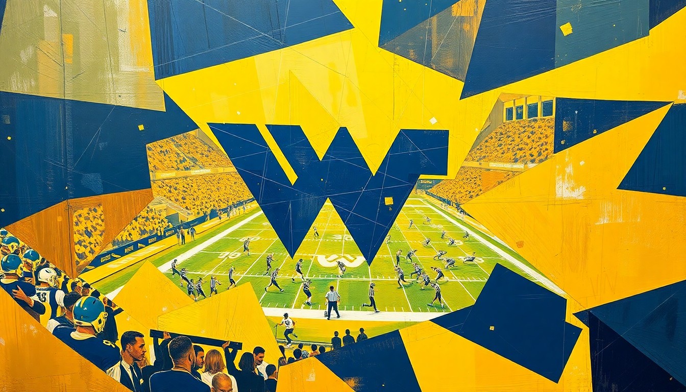 A cubist, geometric painting depicting a West Virginia football game or practice, with the players and field broken down into sharp, overlapping planes of gold and blue, capturing the energy and intensity of the sport.