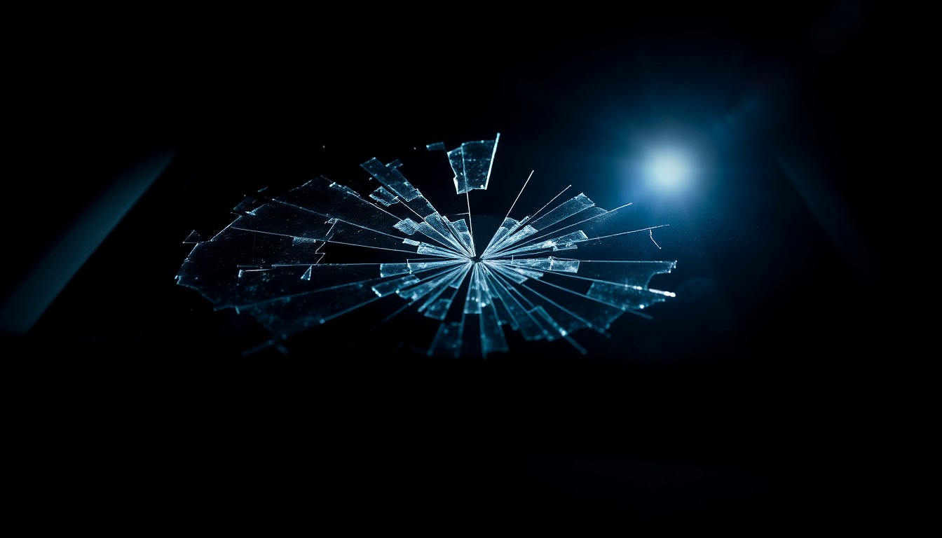 An extreme close-up photograph of a shattered car sensor lens reflecting a faint red light, conceptually illustrating the devastating impact of a fatal DUI collision.