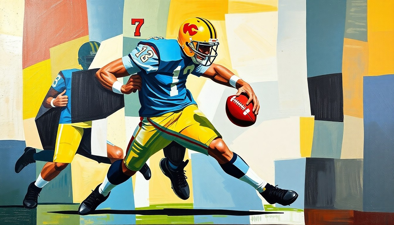 A fragmented, geometric painting depicting the blurred, overlapping forms of a football player carrying the ball, conveying the explosive energy and multifaceted skills of a versatile running back prospect.