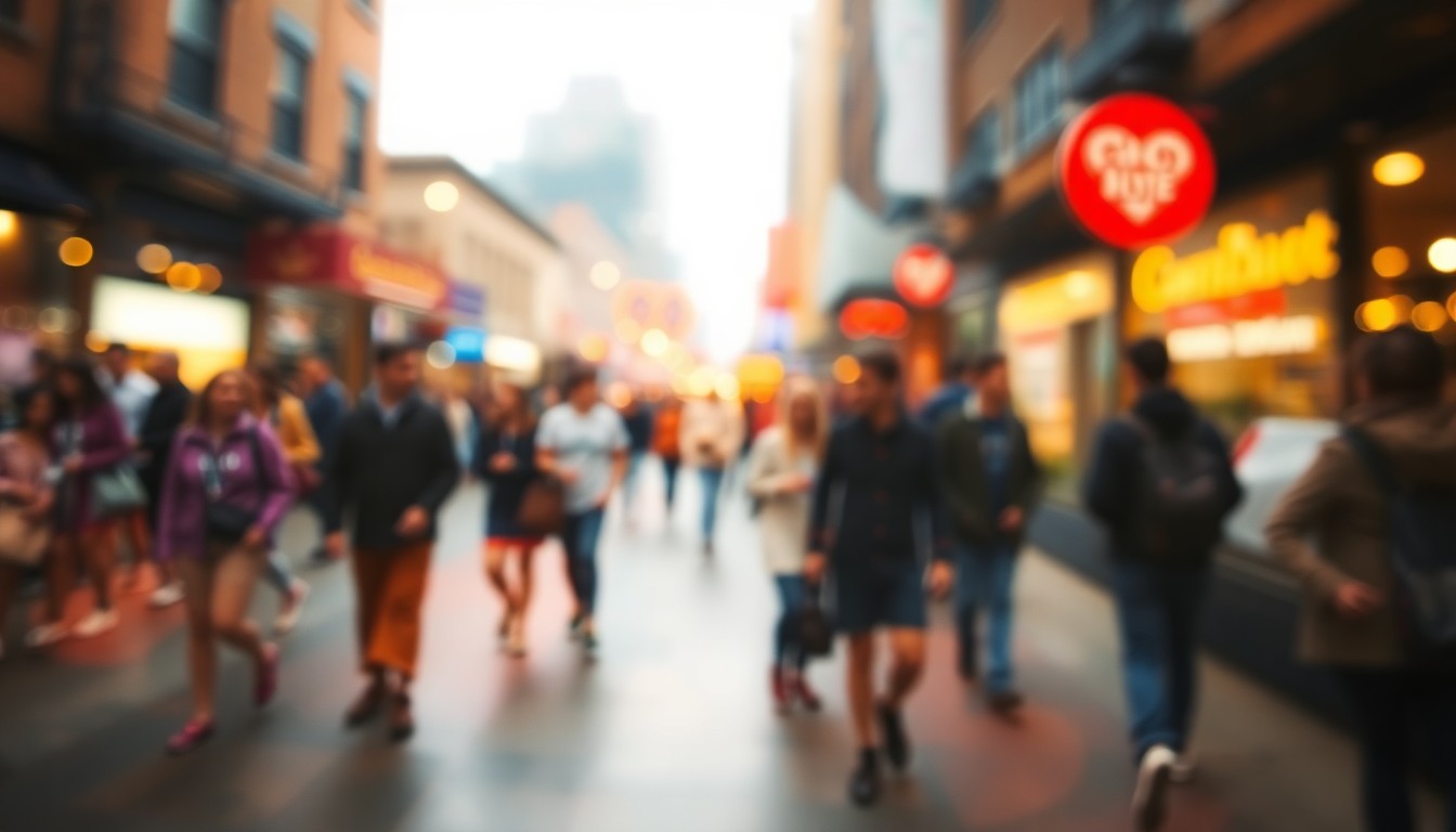 An abstract, impressionistic scene of people moving through a downtown area, with soft, warm pools of light and color creating a sense of community and connection.