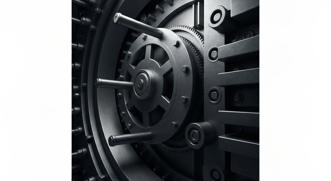 A cinematic close-up of the intricate mechanisms and heavy machinery inside a bank vault, conveying the tangible security and infrastructure that supports the banking industry.