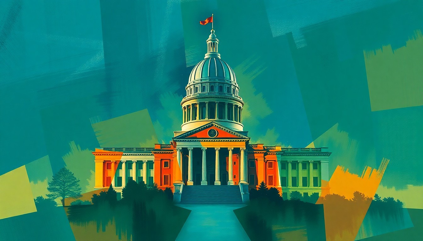 A dynamic, abstract painting featuring overlapping geometric shapes and waves of deep blue, forest green, and amber colors, conceptually representing the political debate around Missouri's income tax elimination proposal.