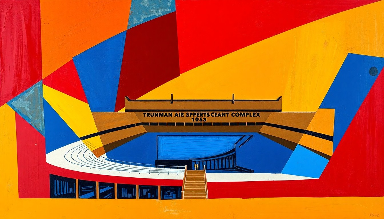 A fragmented, geometric painting depicting the Truman Sports Complex in an abstract, deconstructed style, using bold colors and sharp angles to convey a sense of transition and uncertainty.