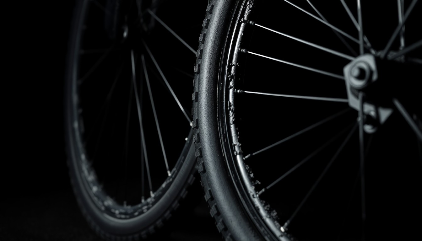 An extreme close-up of a twisted, damaged bicycle wheel rim and tire, lit by a harsh, direct flash against a black background, conveying the gritty aftermath of a collision.