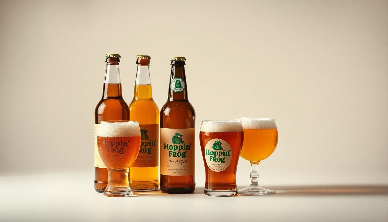 A high-end, photorealistic studio still-life photograph featuring a collection of premium craft beer bottles and glasses, arranged elegantly on a clean, monochromatic seamless background. The objects are made from polished glass and metal, using sharp, dramatic studio lighting and deep shadows to represent the refined, artisanal nature of Hoppin' Frog's beer.