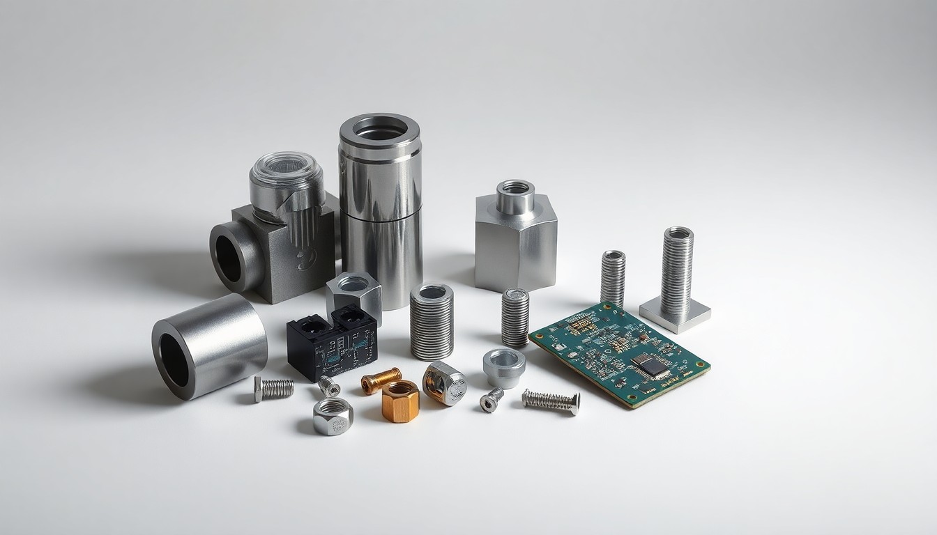 A high-end, photorealistic studio still-life photograph featuring a collection of precision-machined metal components, aerospace fasteners, and circuit boards arranged elegantly on a clean, monochromatic seamless background, conceptually representing PMGC's focus on advanced manufacturing capabilities.