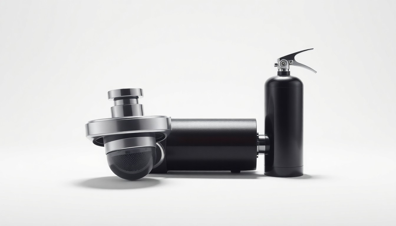A photorealistic studio still life featuring a chrome fire sprinkler head and a black fire extinguisher arranged elegantly on a clean, white background, conveying the reliability and sophistication of fire safety technology.