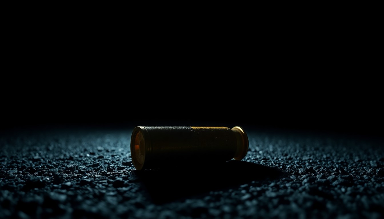 An extreme close-up photograph of a spent shell casing on asphalt, capturing the stark, gritty details of a crime scene investigation.