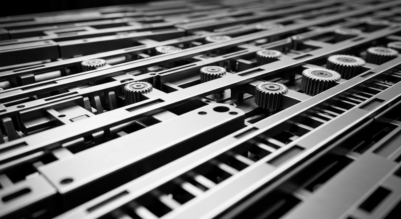 A cinematic close-up of the intricate inner workings of a high-tech financial data processing machine, conveying the complex infrastructure and institutional power behind investment decisions.