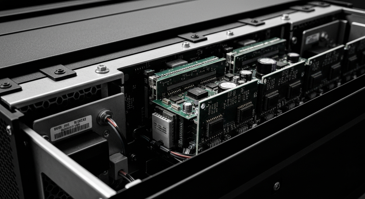 A close-up view of the intricate internal components and circuitry of a Palo Alto Networks security appliance, conveying a sense of the complex, powerful technology that powers the company's cybersecurity solutions.