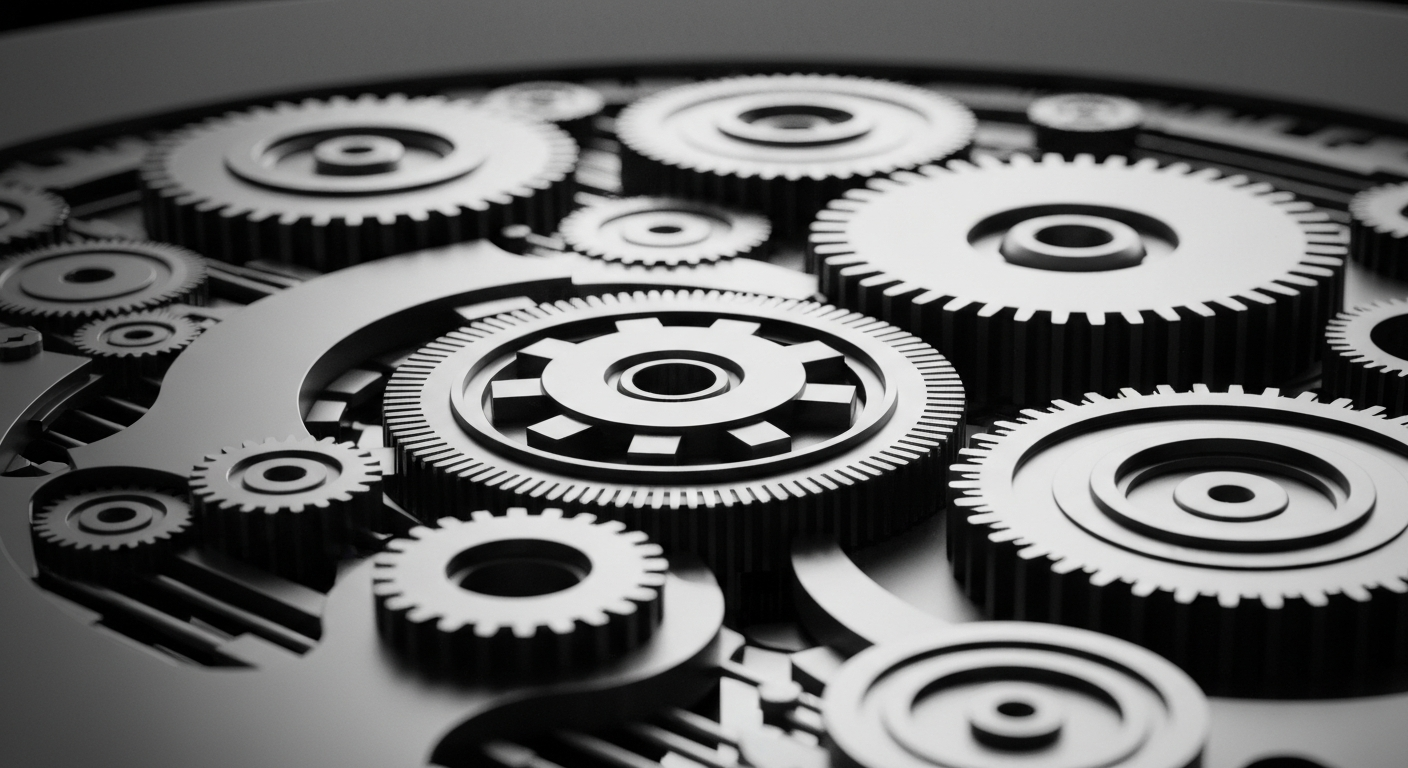 A high-contrast, close-up image of the intricate inner workings of a financial software platform, representing the complex technological infrastructure that powers modern personal finance and business management tools.