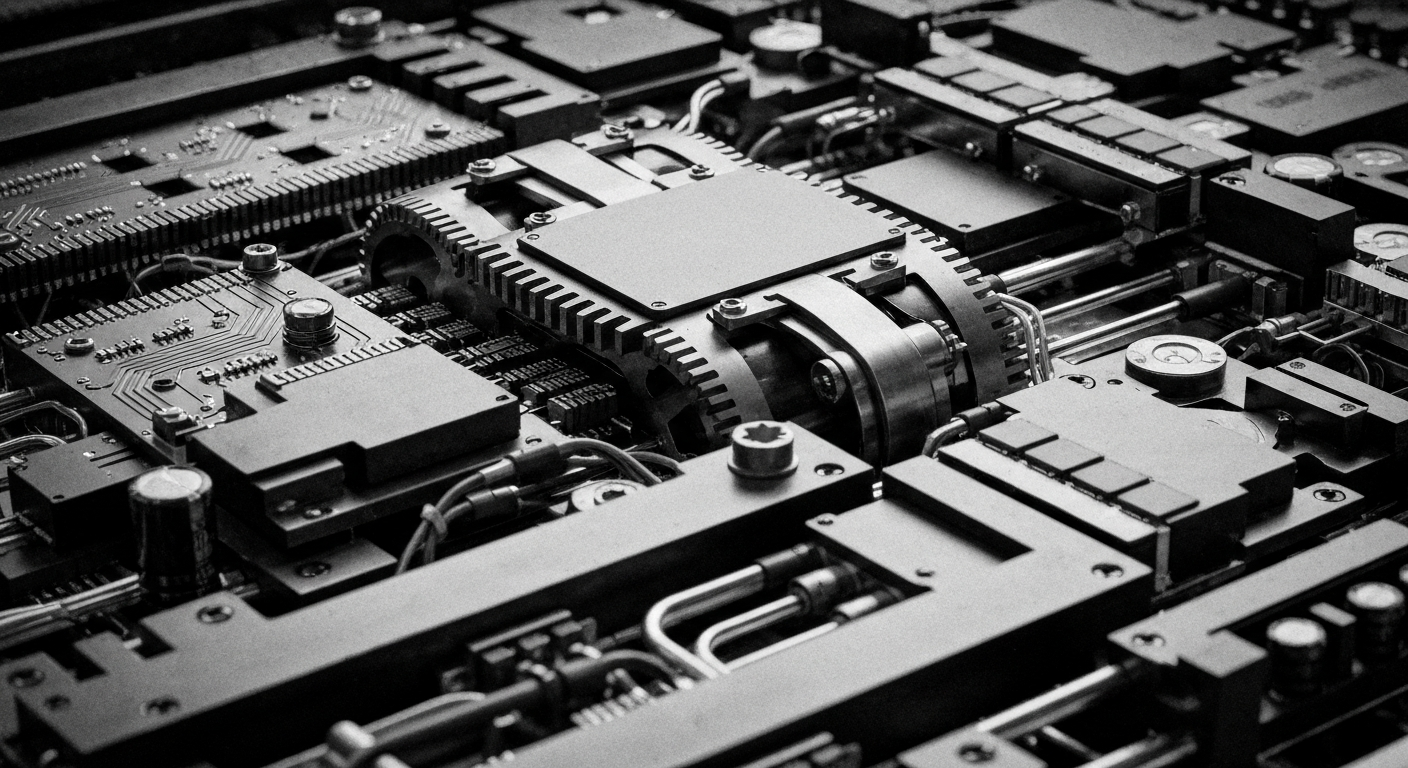 A high-contrast black and white close-up image of the intricate machinery and components that make up a semiconductor fabrication plant, conveying the industrial power and technical sophistication of the semiconductor industry.