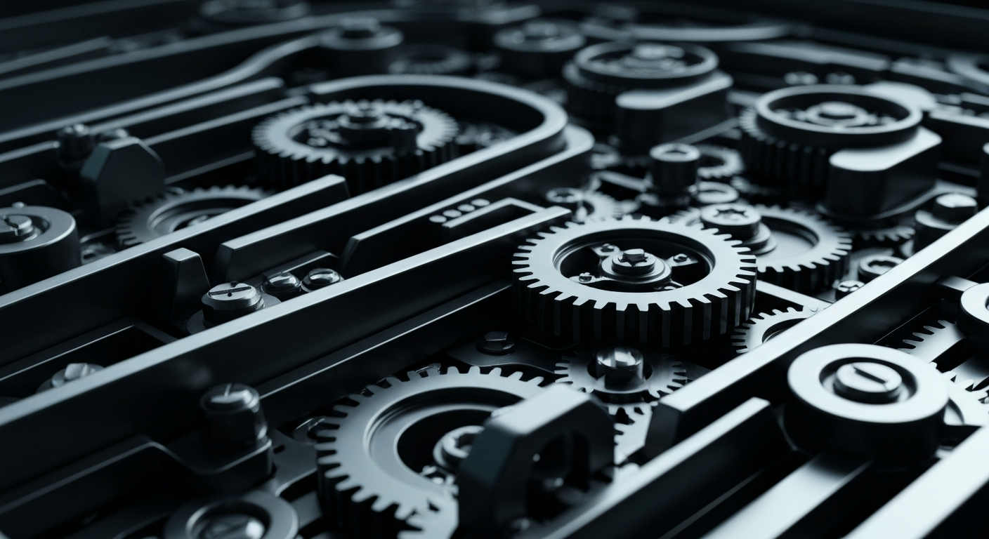 An extreme close-up of the inner workings of a high-tech banking machine, with gears, circuits, and other industrial components filling the frame. This conceptual image represents the complex financial infrastructure that powers the modern streaming industry.