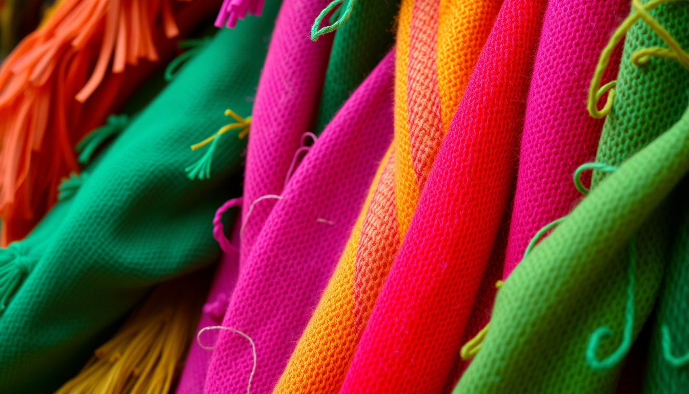 An extreme close-up photograph of richly textured fabrics in a variety of bright, saturated colors, conceptually representing the energy and creativity of an outdoor market.