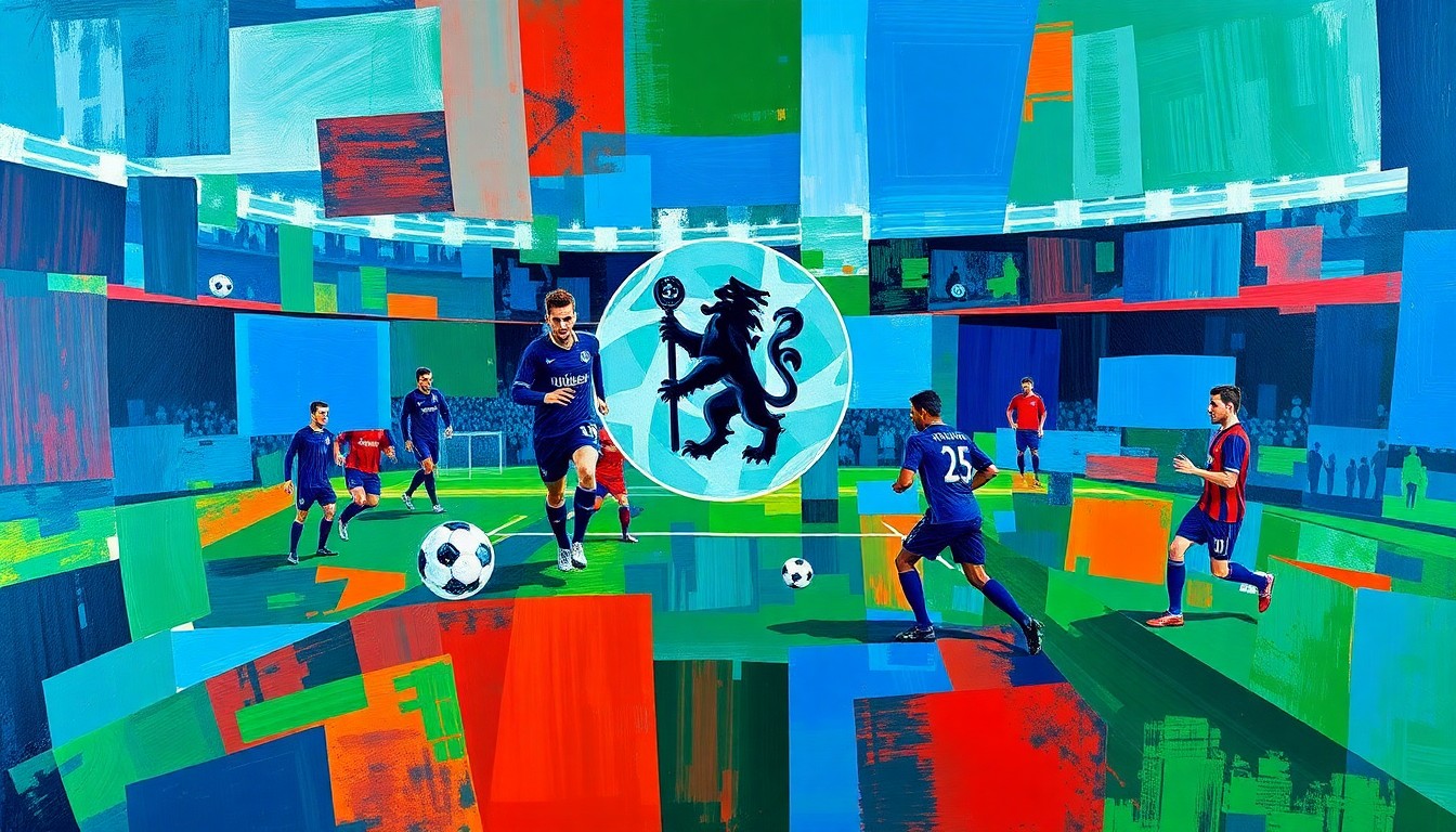 A cubist-style painting depicting a fractured, geometric interpretation of a Chelsea soccer match or training session, with overlapping planes of deep blue, green, and red hues conveying the club's turbulent season.
