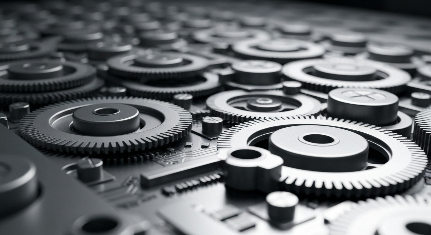 A highly detailed, black-and-white close-up image of the inner components of a stock trading terminal, including gears, circuits, and metallic parts, conveying the complex, industrial nature of modern financial systems.
