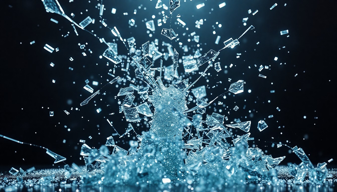 An extreme close-up of shattered glass and glittering shards, captured in dramatic high-contrast studio lighting to create a conceptual, abstract representation of the collision of heroes from different Marvel universes in the upcoming film Avengers: Doomsday.