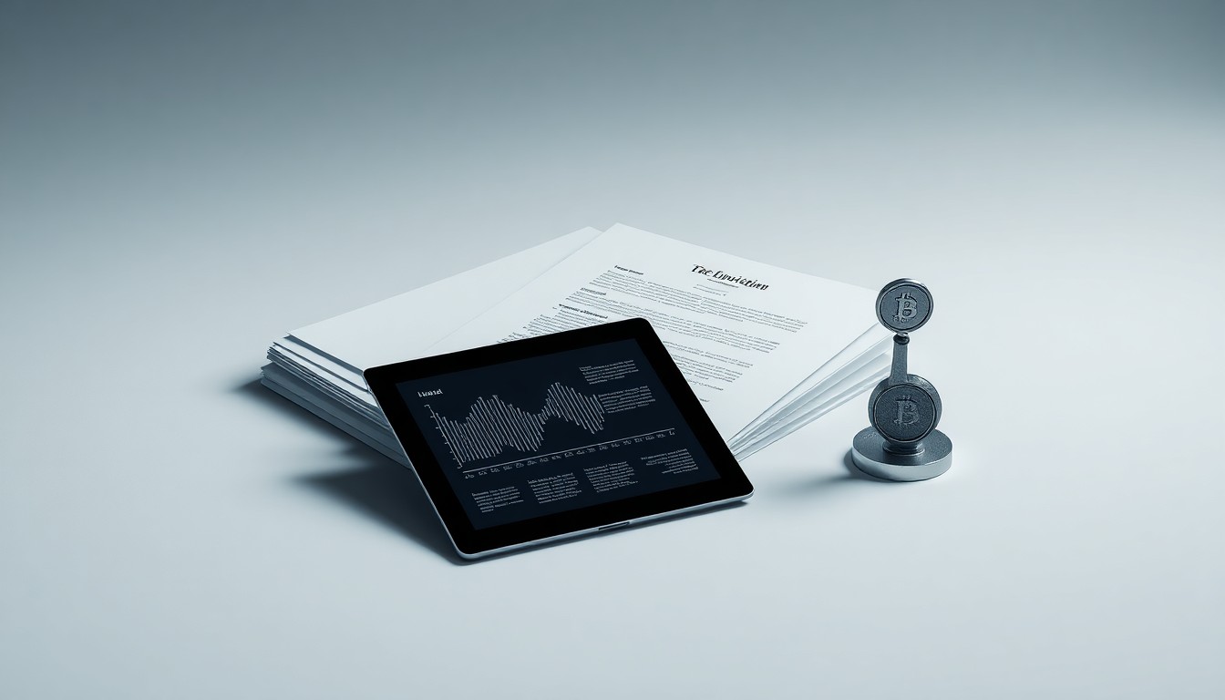 A minimalist studio still life featuring a stack of legal documents, a digital tablet displaying a blockchain transaction, and a metallic sculpture representing a tokenized asset, all arranged elegantly on a clean, monochromatic background to symbolize the intersection of law, finance, and technology.
