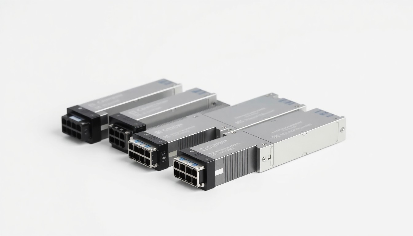 A high-end studio photograph featuring a group of sleek, polished optical networking devices in shades of silver, black, and blue, arranged elegantly on a clean, monochromatic background, conceptually representing the advanced technology powering AI infrastructure.