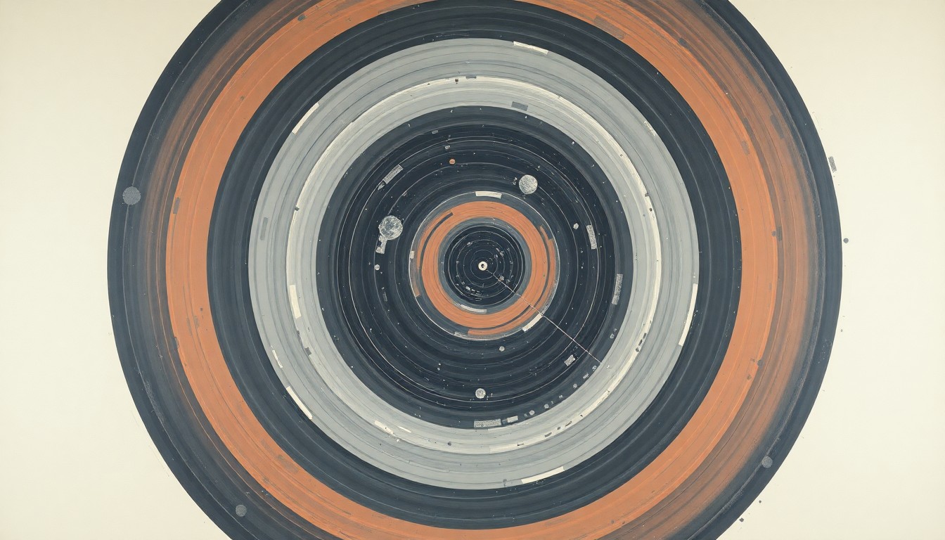 A highly structured abstract painting in soft blues, greens, and grays, featuring sweeping geometric arcs, concentric circles, and precise spirals, conceptually representing the forces of gravity and weightlessness experienced by astronauts during a lunar mission.