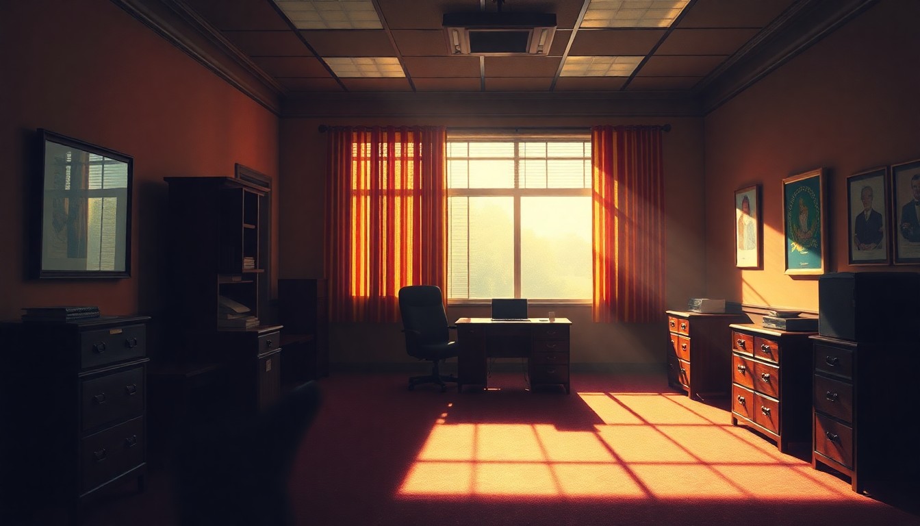 A dimly lit, cinematic painting of an empty political office space, with warm sunlight streaming in through the windows and deep shadows casting a somber mood, conceptually representing the aftermath of a fallen political campaign.
