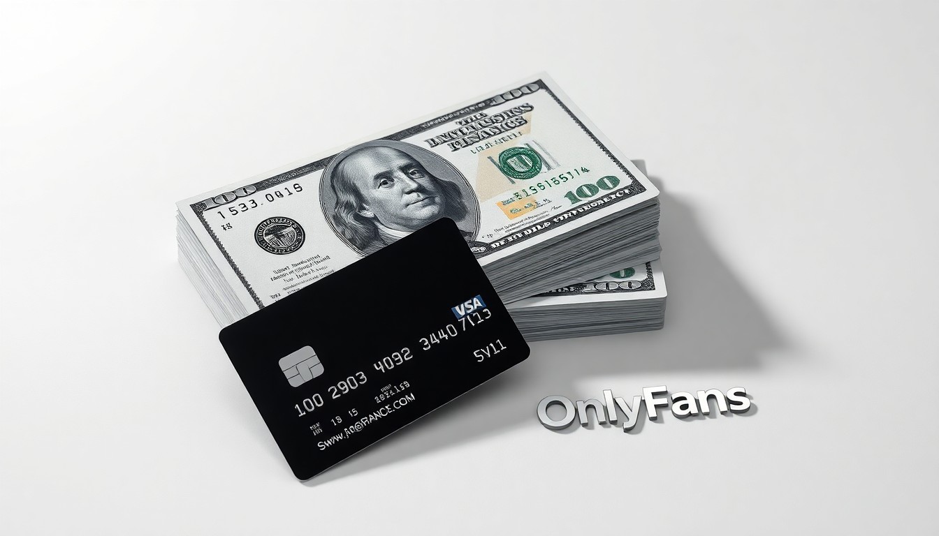 A high-end, photorealistic studio still-life photograph featuring a stack of $100 bills, a sleek black credit card, and a metallic OnlyFans logo, symbolizing the platform's profitability and financial challenges.