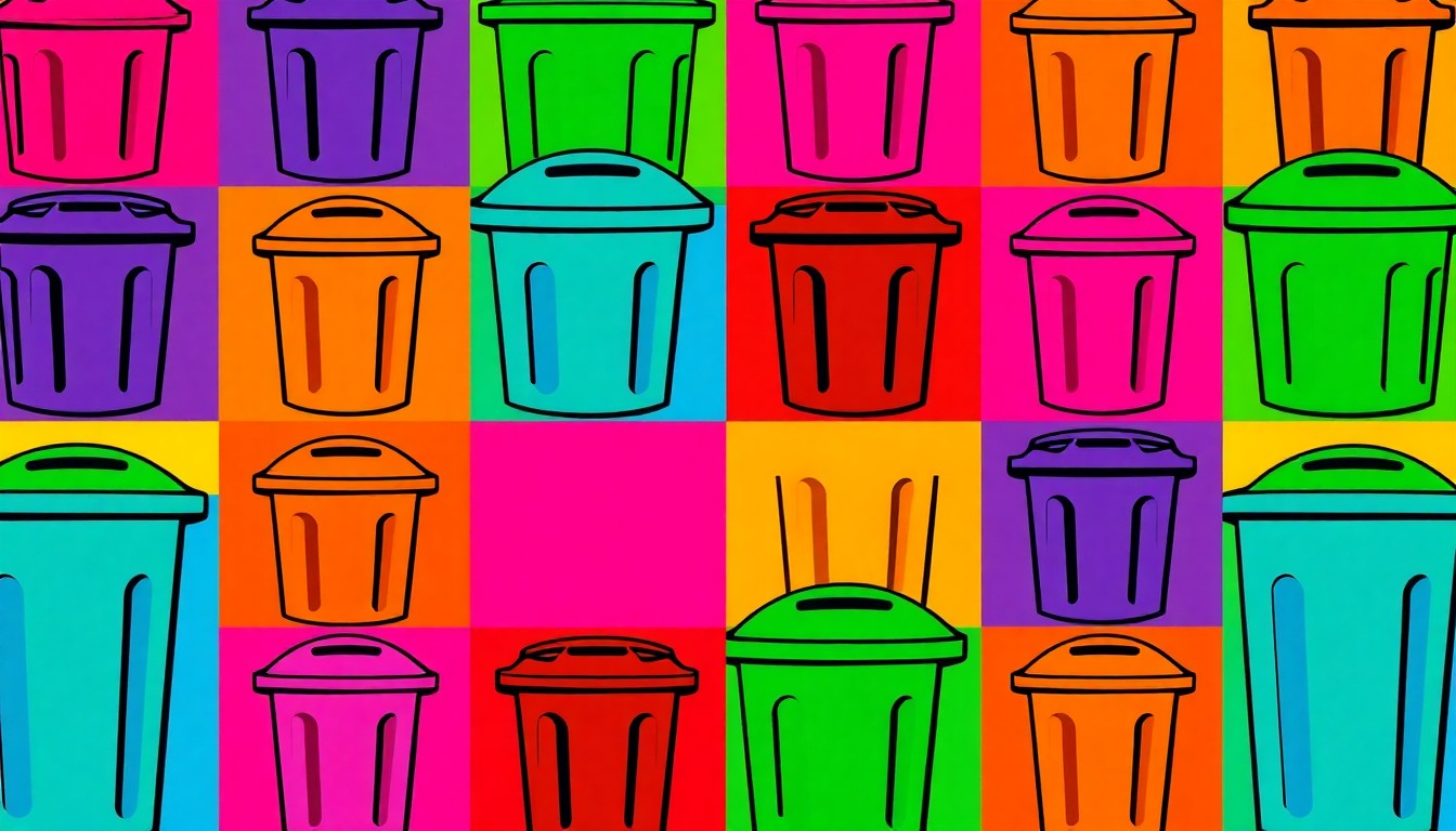 A brightly colored, high-contrast silkscreen print of a single, iconic trash can or recycling bin repeated in a tight grid pattern, conceptually representing the city's new waste management policies.