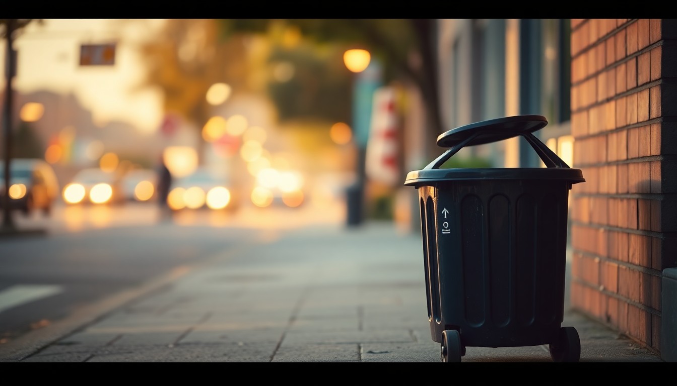 An abstract, out-of-focus photograph showing the soft, warm glow of light reflecting off an empty recycling bin on a sidewalk, conveying the atmospheric mood and lifestyle focus of the story.