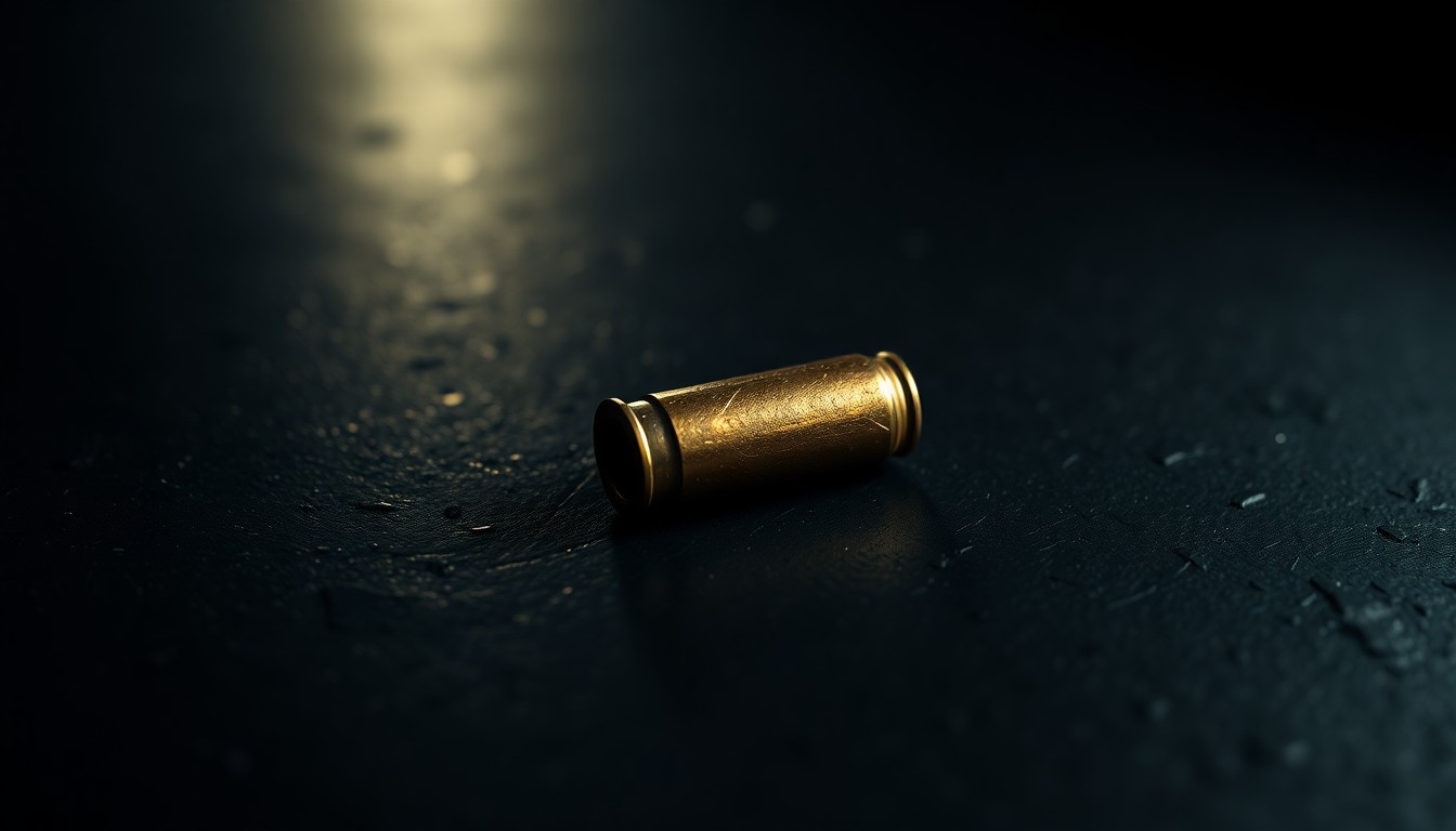 An extreme close-up photograph of a single bullet casing on a dark, textured surface, lit by a harsh, direct camera flash, conceptually representing the aftermath of a shooting incident.