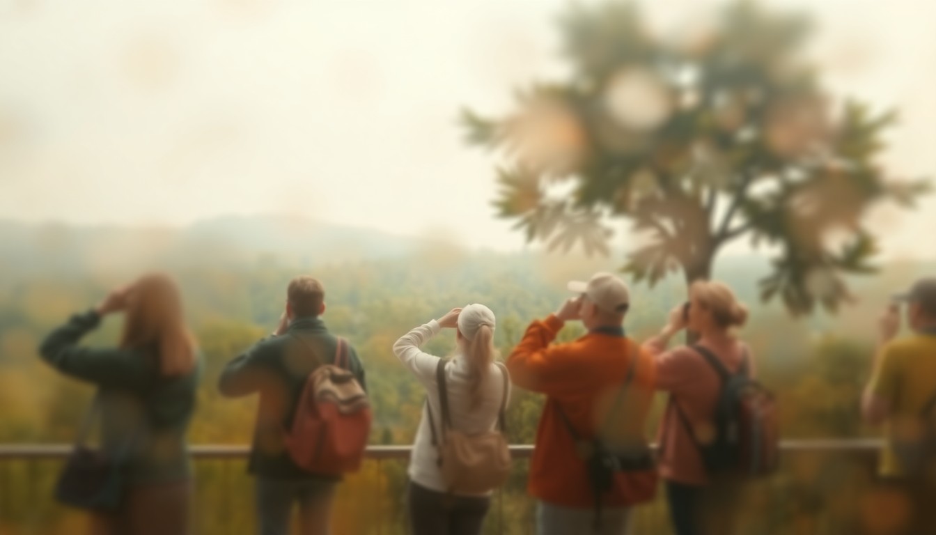 An impressionistic, out-of-focus scene of people observing birds in a natural setting, conveying the mood of the birder's message through soft, warm colors and a dreamlike quality.