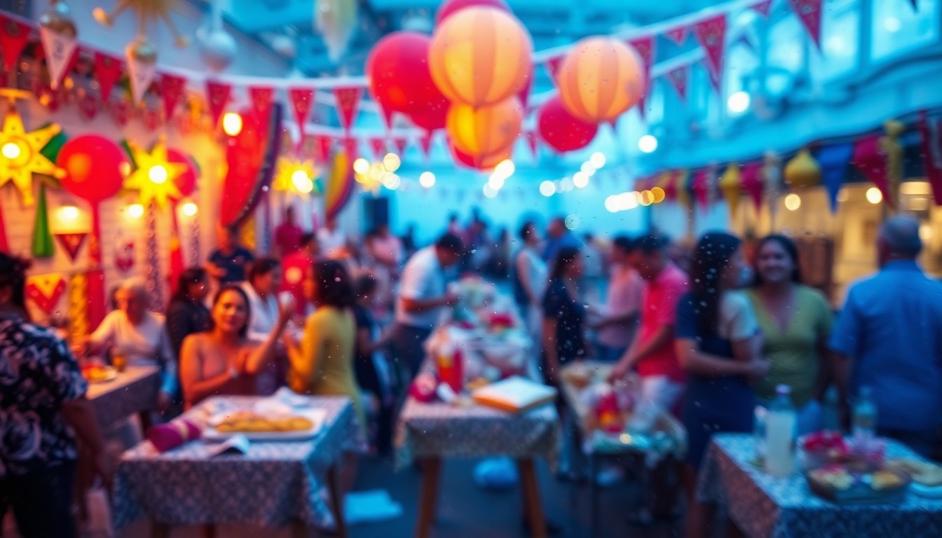 An abstract, impressionistic scene of a lively community celebration with blurred figures, colorful decorations, and a sense of energy and joy.