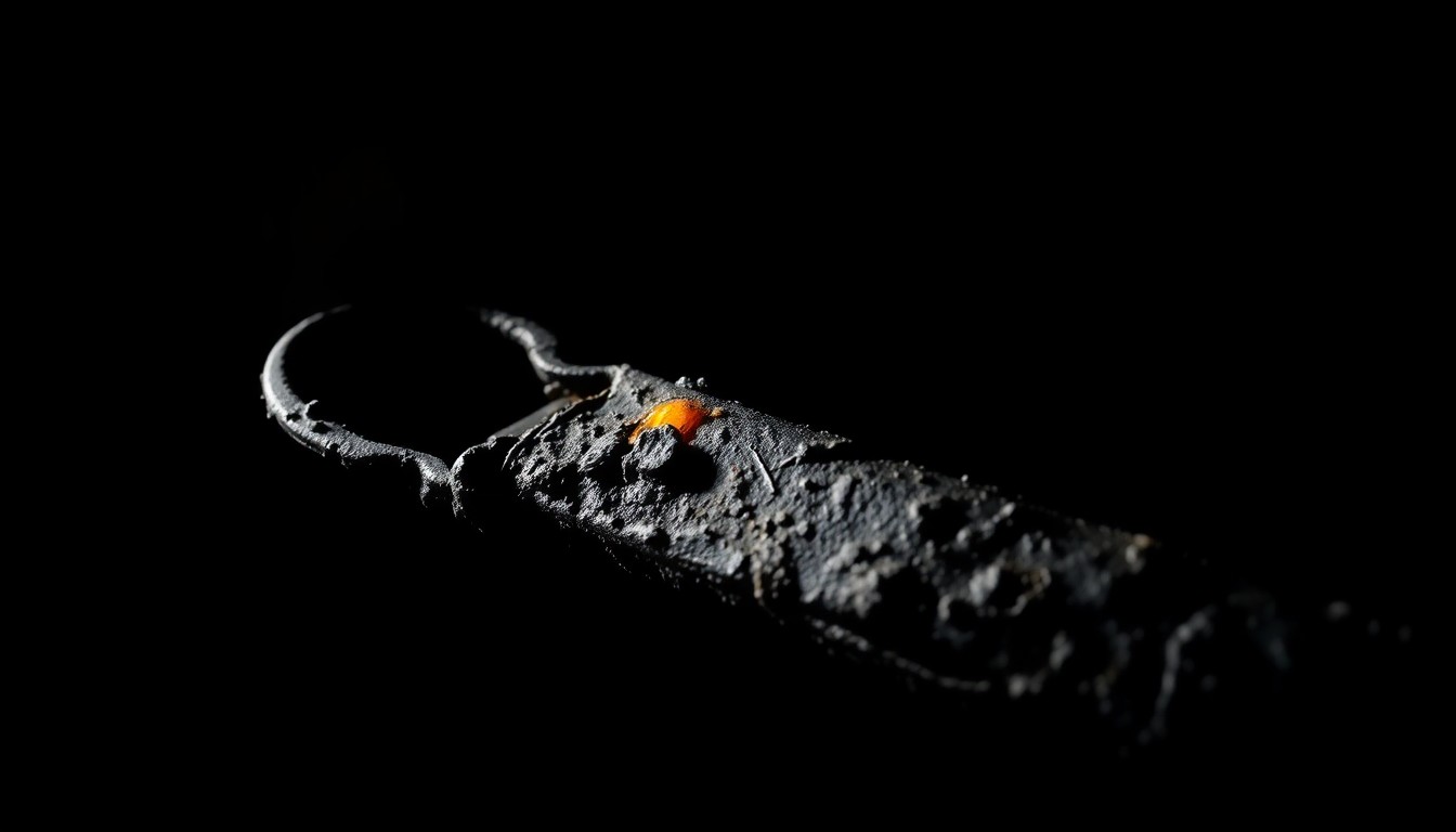 An extreme close-up of a charred, twisted metal object against a pitch-black background, lit by a harsh, direct camera flash, conceptually representing the aftermath of an intentional apartment fire.