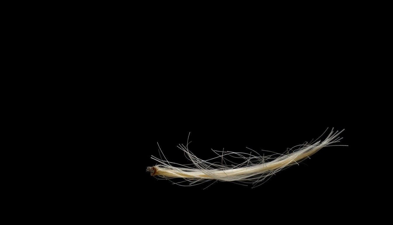 An extreme close-up photograph of a single human hair against a pitch-black background, lit by a harsh, direct camera flash, creating a stark, gritty, and investigative aesthetic.