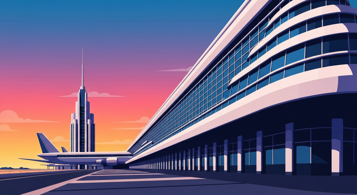 A highly stylized, geometric illustration depicting the grand scale and sleek forms of a towering airport terminal building, set against a vibrant gradient sky, conceptually representing the FAA's efforts to improve air travel reliability at a major U.S. hub.