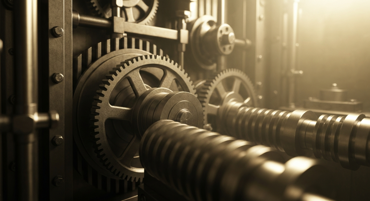 An extreme close-up of the heavy, industrial machinery and mechanisms that make up the inner workings of a financial institution's vault, captured in a dramatic, high-contrast lighting that emphasizes the scale and complexity of the banking infrastructure.