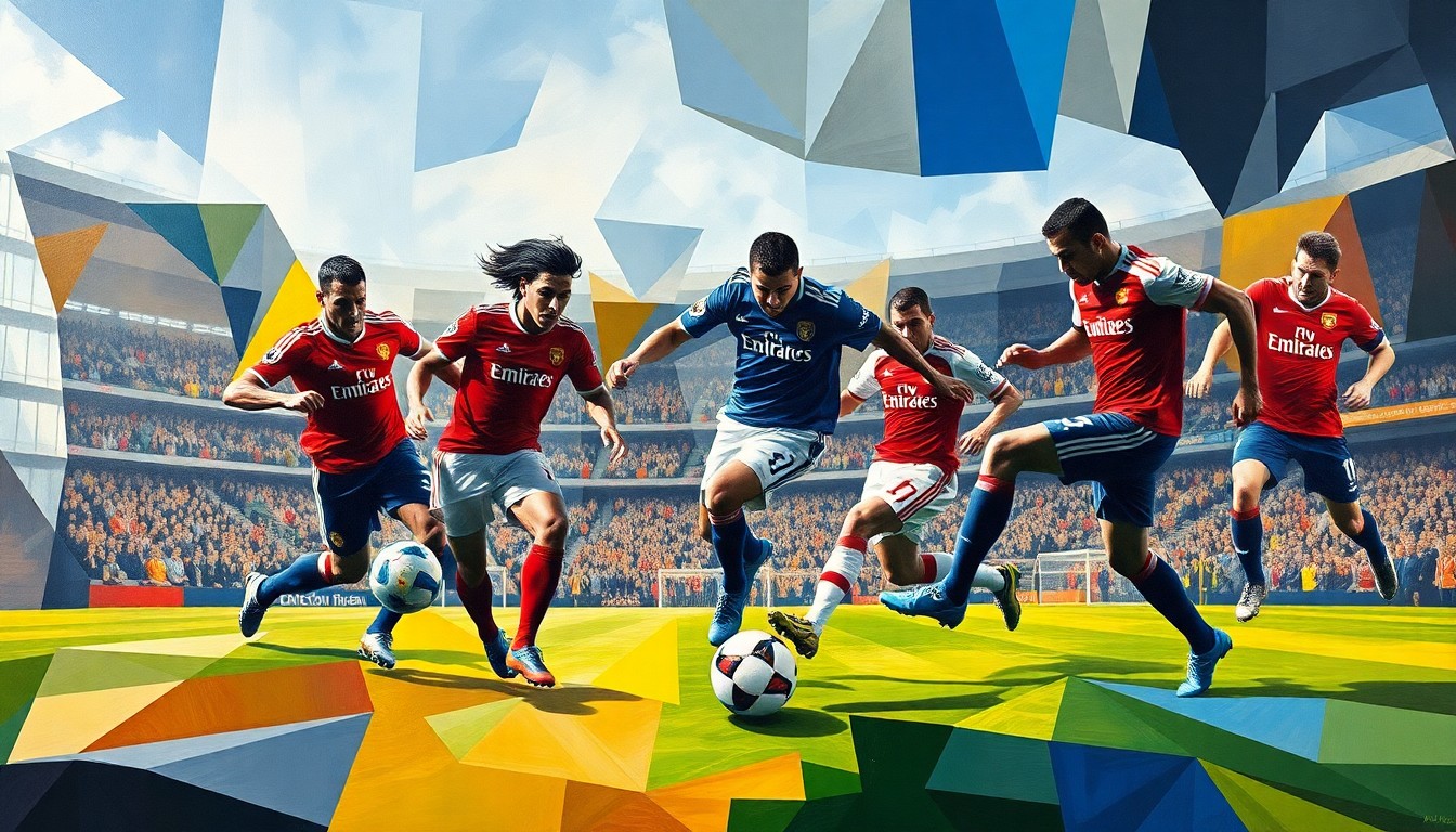 A fragmented, geometric painting depicting a soccer match between Manchester United and Arsenal players, with their forms broken down into sharp, overlapping shapes and planes of color.