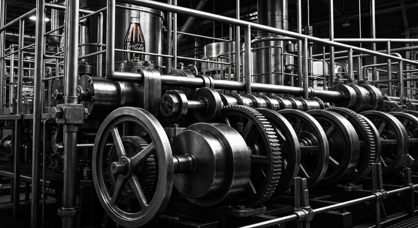 A high-contrast, black-and-white close-up image of the intricate gears, pipes, and machinery that power a Coca-Cola bottling plant, conveying the complex industrial processes behind the production of this iconic consumer product.
